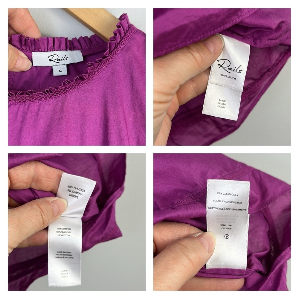 Rails Filomena Top in Berry Size L Feminine Ruffles Flutter Sleeves Airy Cotton - Picture 16 of 16